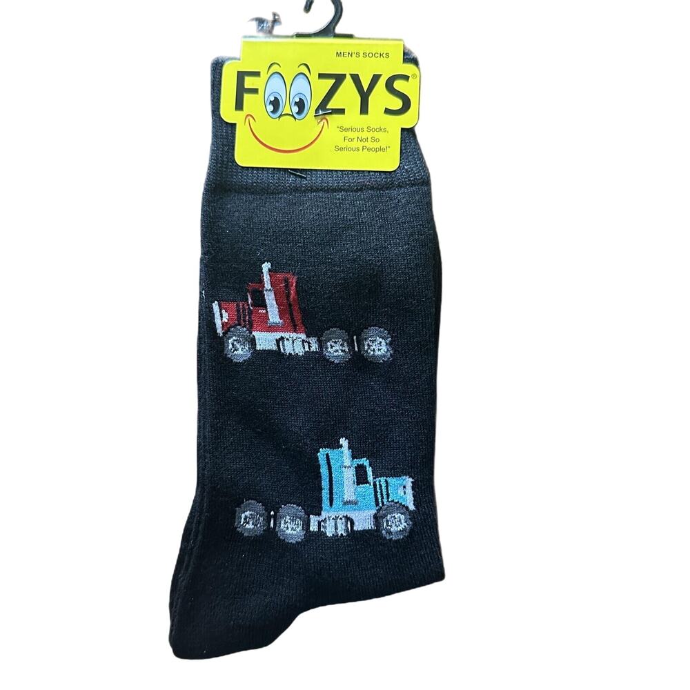 NWT Foozys Black Crew Semi Truck Vehicles Pattern Socks Men One Size
